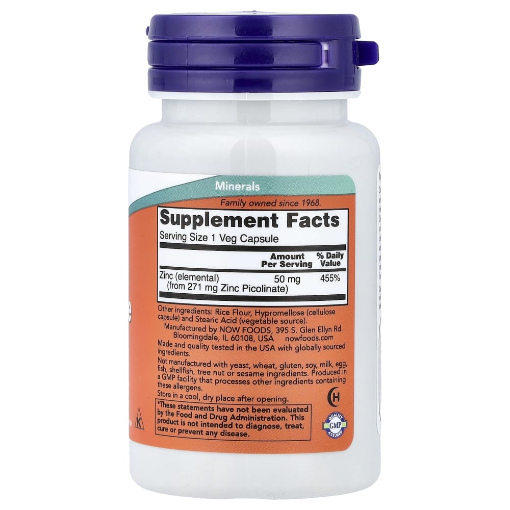 NOW Foods – Zinc Picolinate 50 mg – 60 capsules végétales – vue supplémentaire