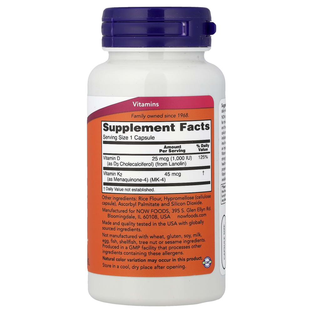 NOW Foods Vitamin D3 & K2 – 1,000 IU / 45 mcg – 120 Capsules – vue supplémentaire