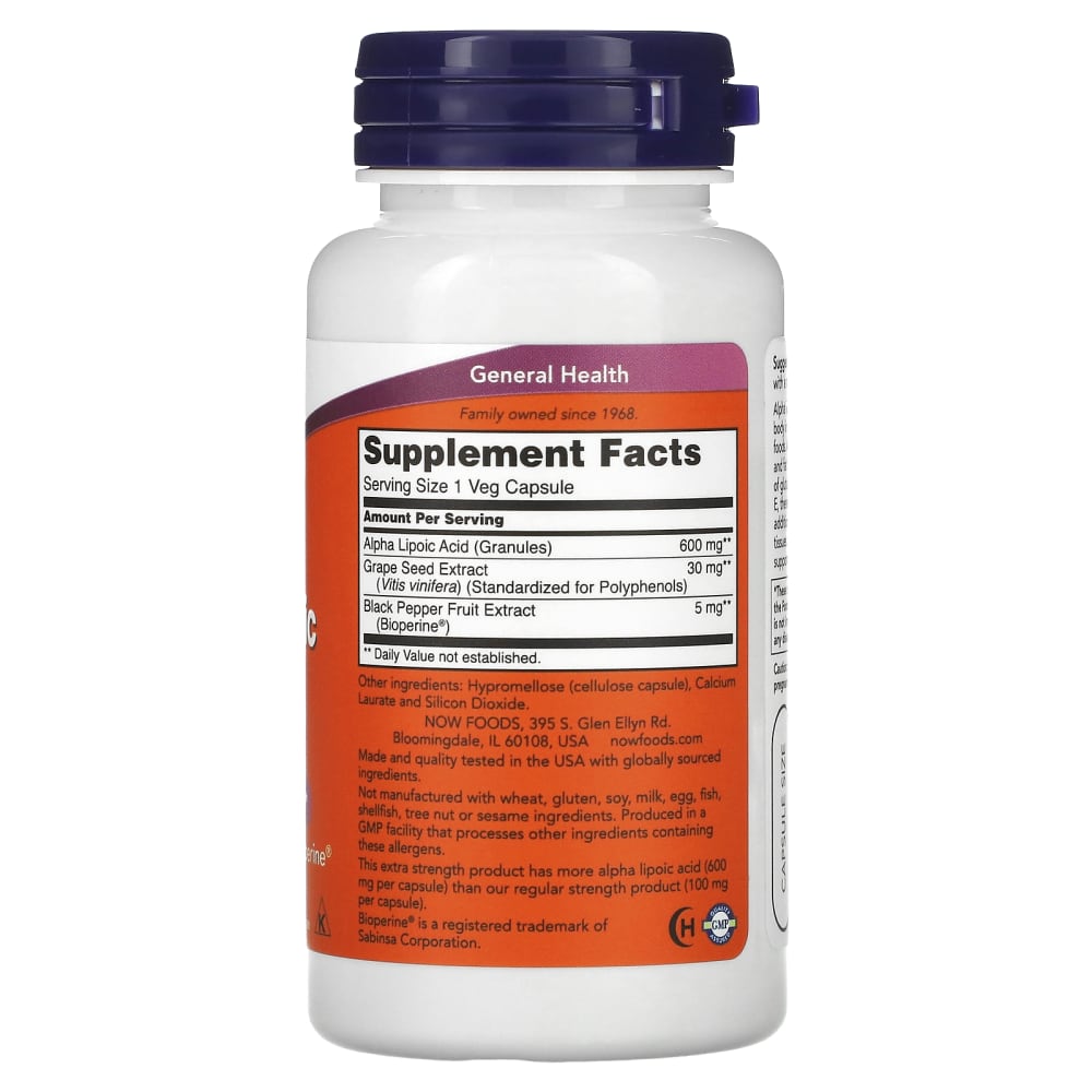 NOW Foods Extra Strength Alpha Lipoic Acid 600 mg (60 Gélules Végétales) – vue supplémentaire
