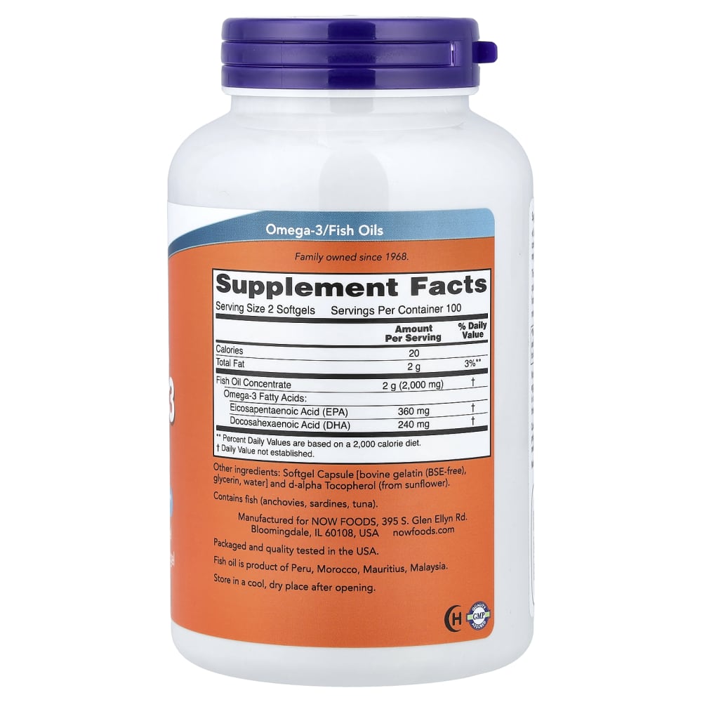 NOW Foods – Omega-3 Fish Oil 1000 mg – 200 Softgels – vue supplémentaire