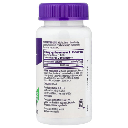 Natrol – Biotine 10 000 mcg, Concentration Maximale, Fraise – 60 Comprimés – vue supplémentaire
