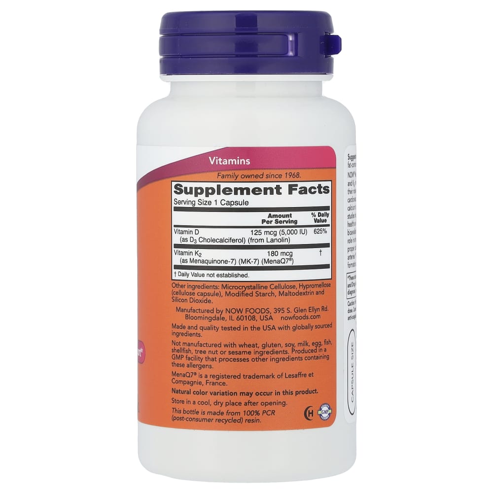 NOW Foods Mega D3 & MK-7 – 5 000 UI / 180 µg – 120 capsules végétales – vue supplémentaire
